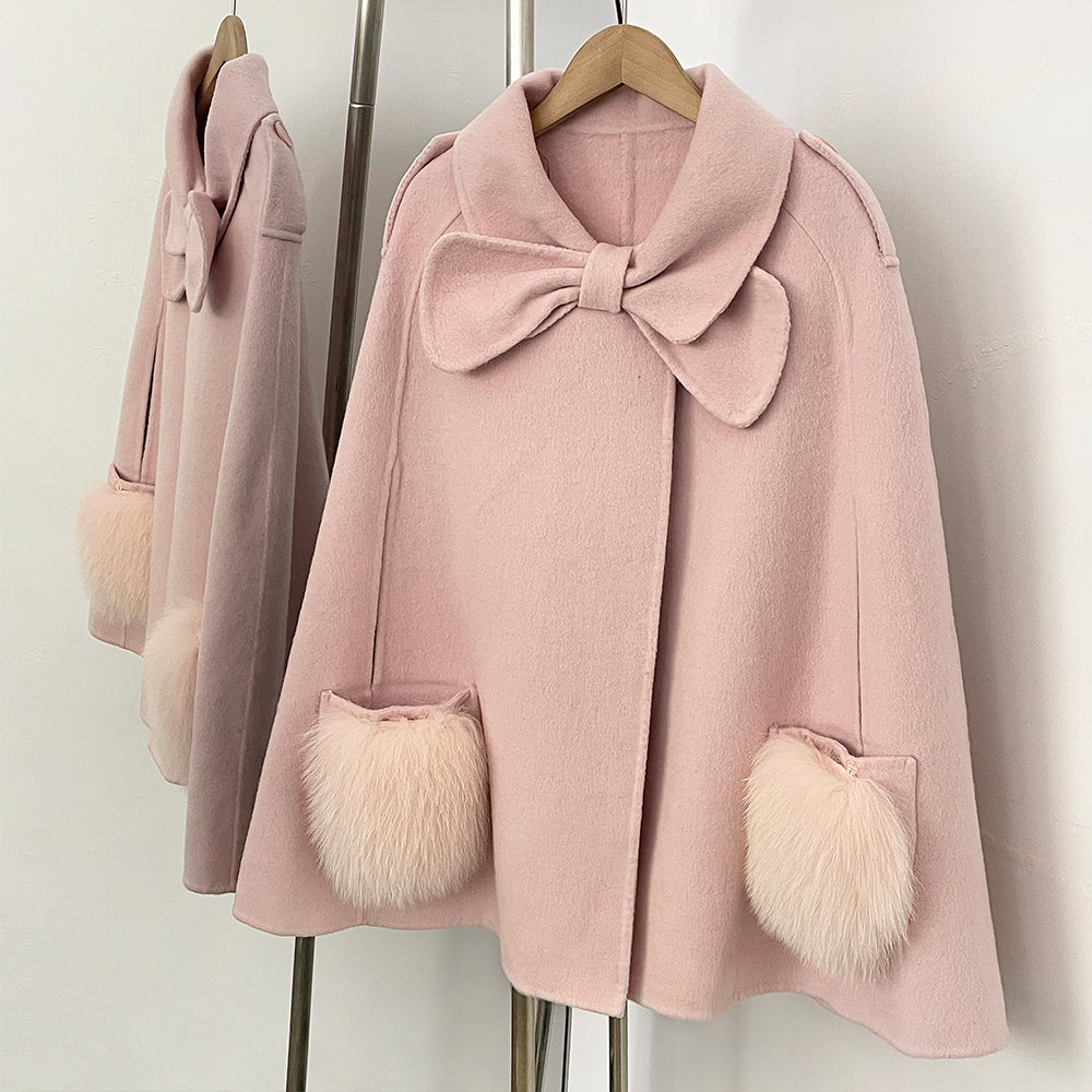 OFTBUY  New Women's Wool Cape Coat with Large Bow Detail Real Fox Fur Pockets Button Closure Winter Elegant Fashion Outerwear