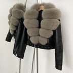OFTBUY Natural Fox Fur Faux Leather Jacket Female New Autumn Short Top Clothing Women Long Sleeve Fake Leather Real Fur Coat