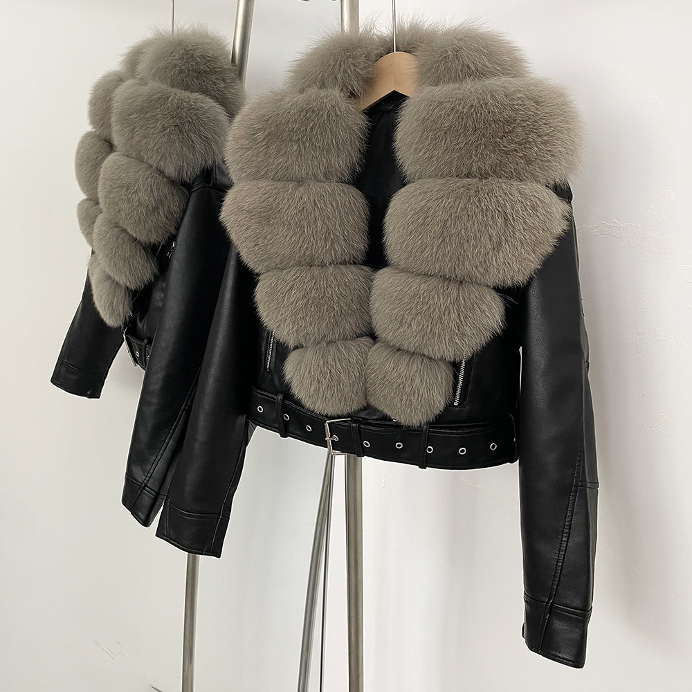 OFTBUY Natural Fox Fur Faux Leather Jacket Female New Autumn Short Top Clothing Women Long Sleeve Fake Leather Real Fur Coat