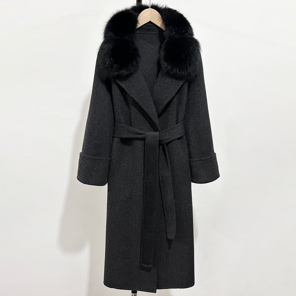 OFTBUY Belted Warm Winter Elegant Fashion Outerwear Female New Women's Double-Faced Wool Coat with Large Real Fox Fur Collar