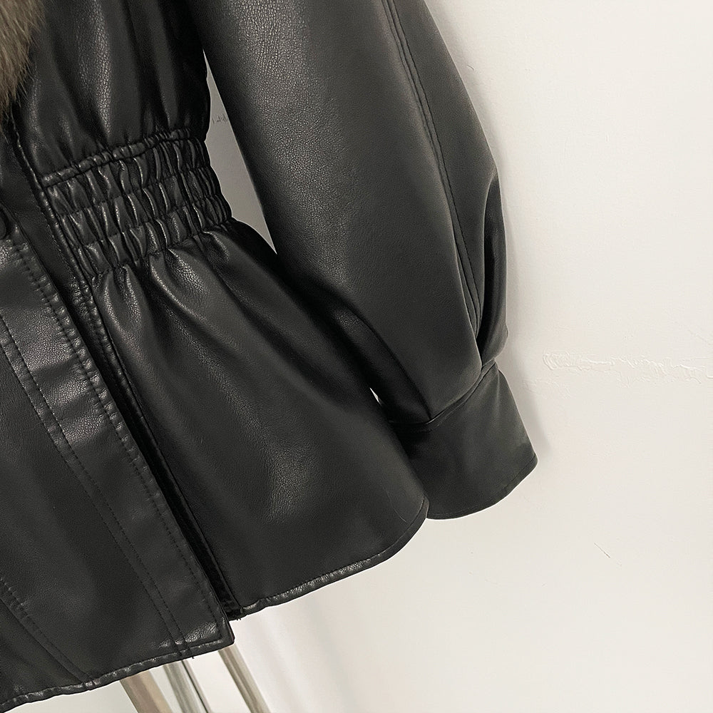 OFTBUY Women's Luxury Real Fox/Raccoon Fur Faux Leather Jacket Elastic Waist New Winter Coat Elegant PU Leather Outerwear Female
