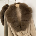 OFTBUY New Women's Knit Coat with Large Real Fox Fur Collar Belted Cardigan Female Winter Elegant Outerwear Warm Long Coat Lady