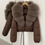 OFTBUY New Puffer Jacket Women with Large Natural Fox Fur Collar Short Fluffy Thick Parkas Female 90% White Duck Down Coat Lady