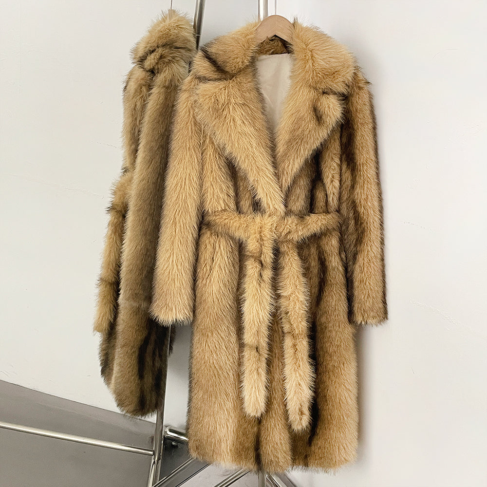 Chic camel-colored maxi faux fur coat for an expensive old money look