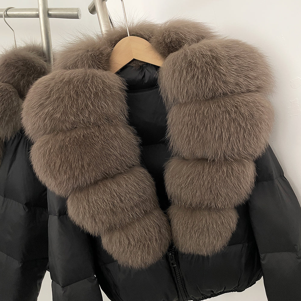 OFTBUY New Puffer Jacket Women with Large Natural Fox Fur Collar Short Fluffy Thick Parkas Female 90% White Duck Down Coat Lady