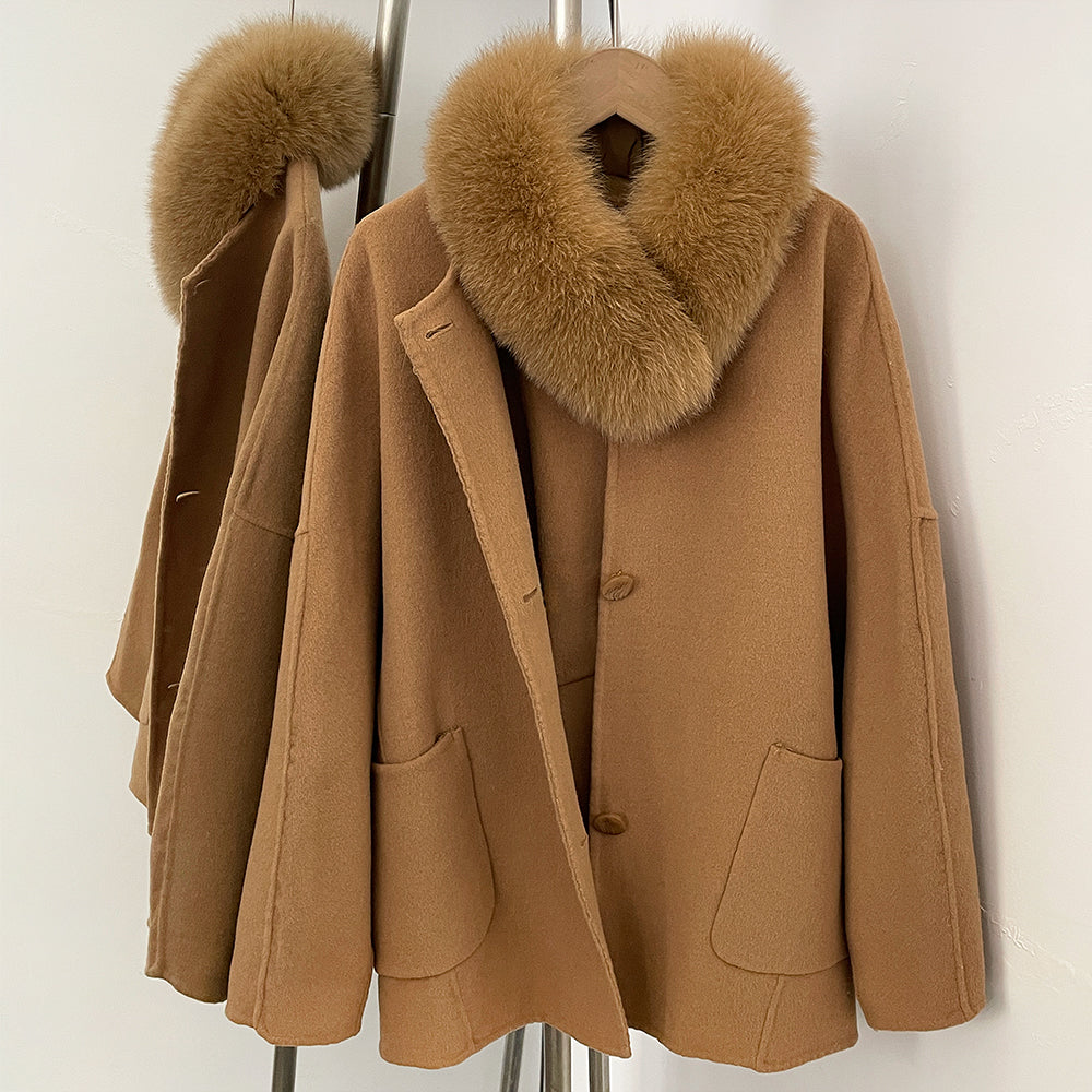 OFTBUY New Women's Wool Coat with Large Real Fox Fur Collar Loose Fit Back Detail Pockets Warm Winter Elegant Fashion Outerwear