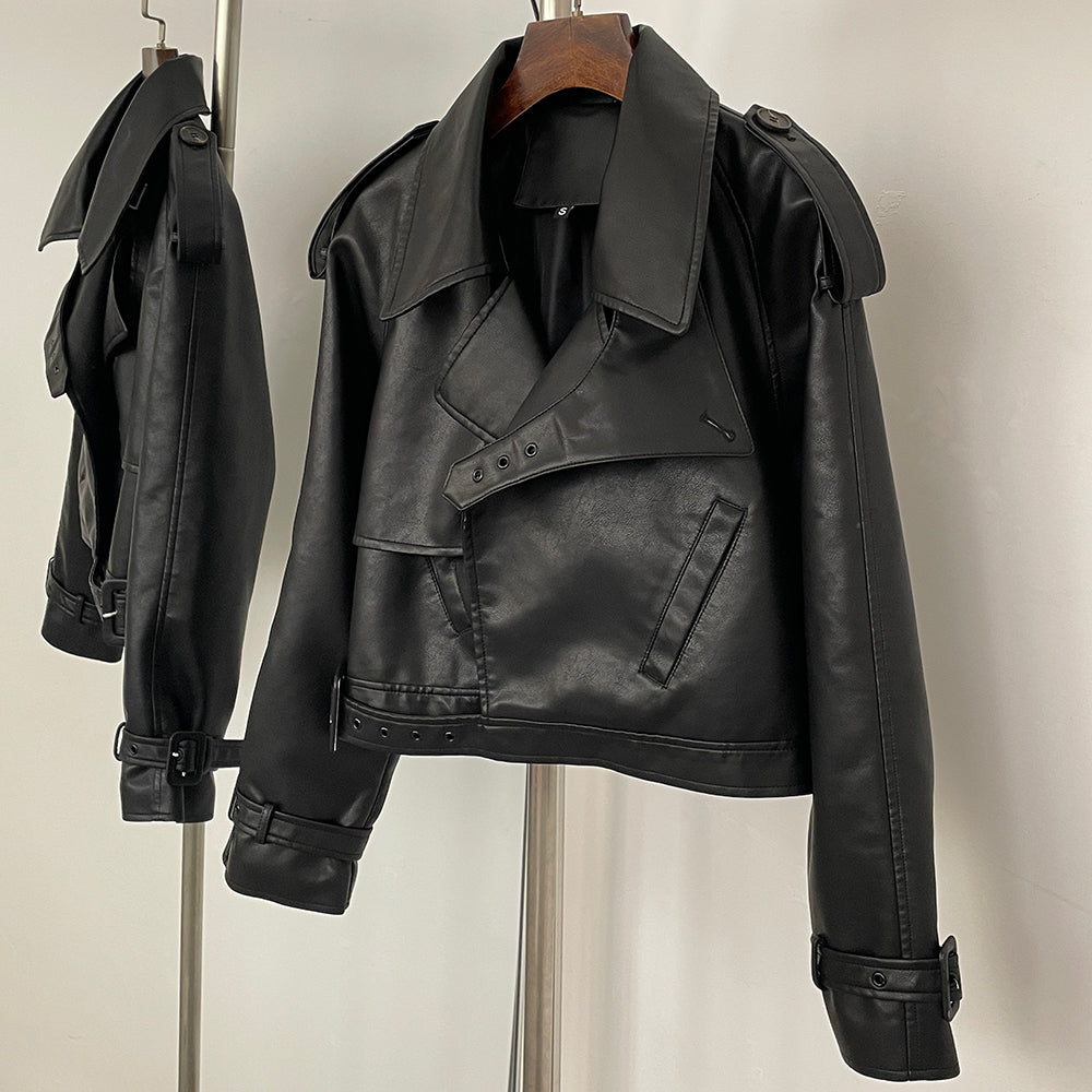 OFTBUY Fashion Outerwear Fake Leather Coat Female New Women's Cropped Faux Leather Jacket Lapel Collar Belted Loose Streetwear