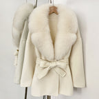 OFTBUY Belted Warm Winter Elegant Fashion Outerwear Lady New Women's Double-Faced Wool Coat with Large Real Fox Fur Collar Cuffs