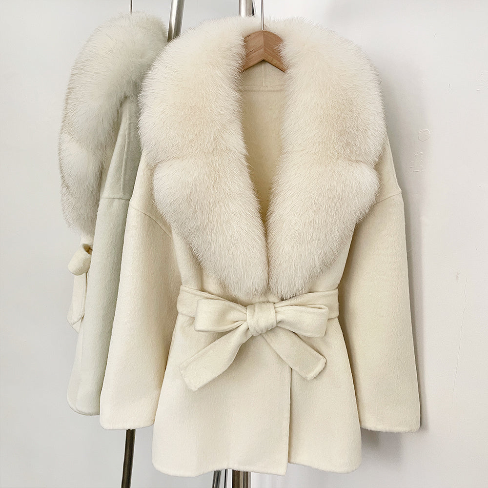 OFTBUY Belted Warm Winter Elegant Fashion Outerwear Lady New Women's Double-Faced Wool Coat with Large Real Fox Fur Collar Cuffs