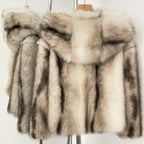 OFTBUY Luxury Hooded Faux Fur Jacket - Premium Vegan Silver Fox Style Cropped Winter Coat