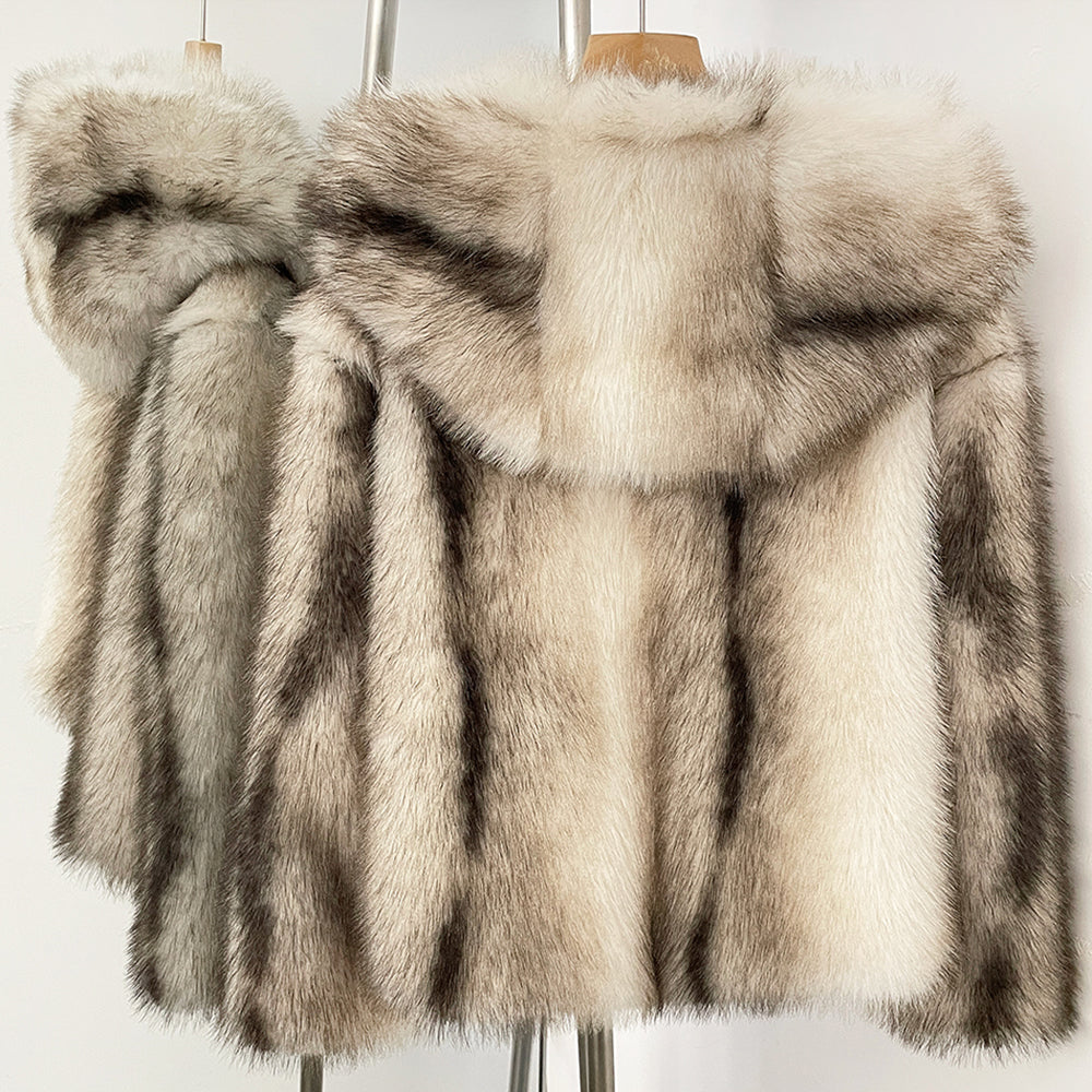 OFTBUY Luxury Hooded Faux Fur Jacket - Premium Vegan Silver Fox Style Cropped Winter Coat