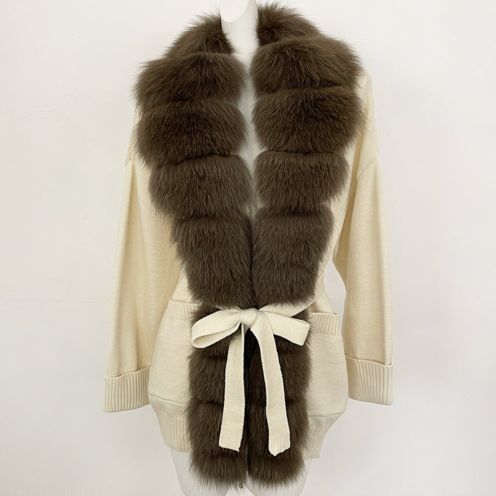 OFTBUY Trim Belted Waist Warm Winter Luxury Fashion Outerwear Sweater Female New Women's Knit Cardigan with Large Real Fox Fur