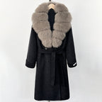 OFTBUY Winter Jacket Women Woolen Blends Coat Natural Real Fox Fur Collar Belt Loose Outerwear Casual Outerwear Streetwear