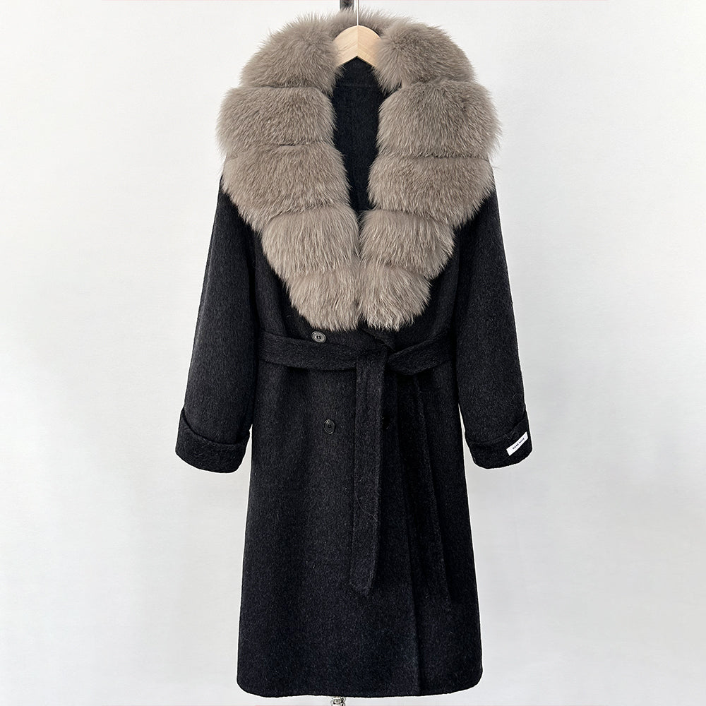 OFTBUY Winter Jacket Women Woolen Blends Coat Natural Real Fox Fur Collar Belt Loose Outerwear Casual Outerwear Streetwear