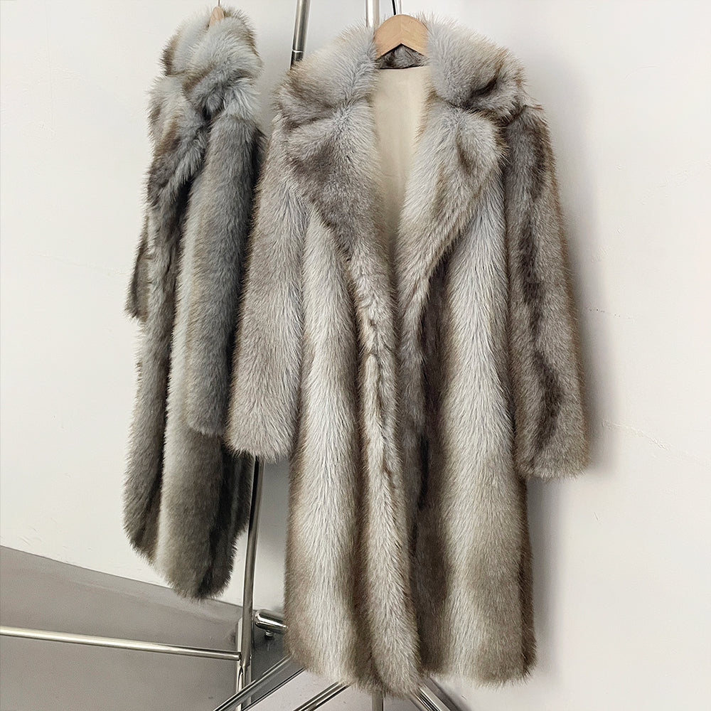 OFTBUY Luxury Long-Line Notch Lapel Faux Fur Coat - Elegant Winter Vegan Fur Overcoat