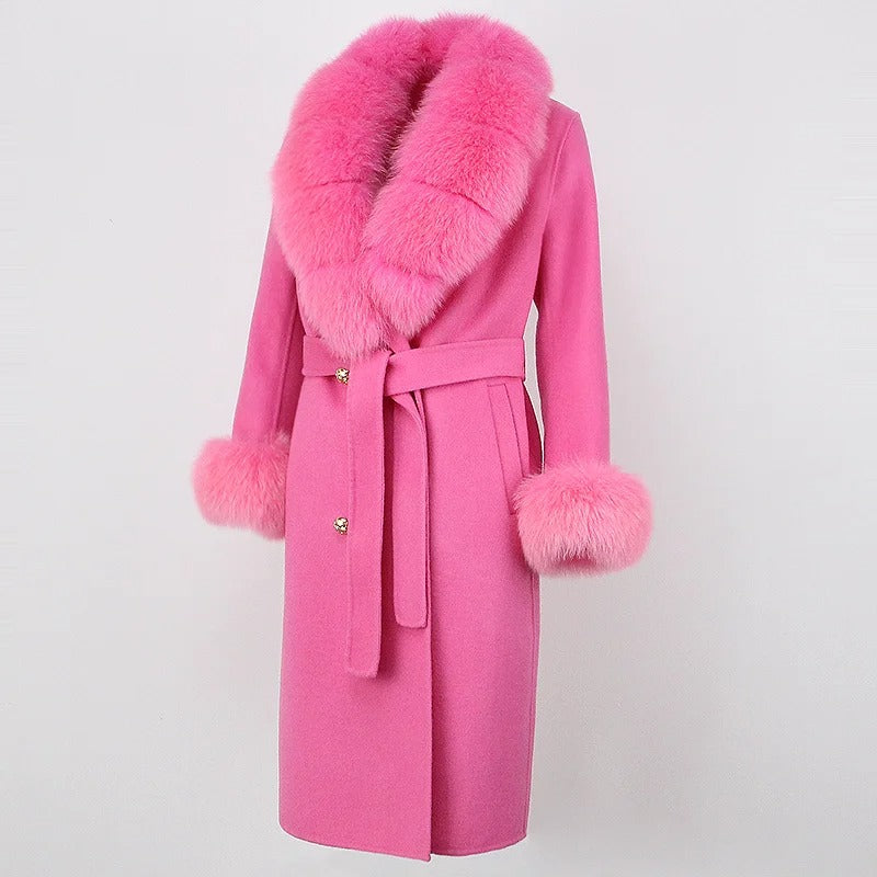 OFTBUY Winter Jacket Women Long Natural Wool Blends Cashmere Real Fur Coat Double Breasted Belt Warm Streetwear New Fashion