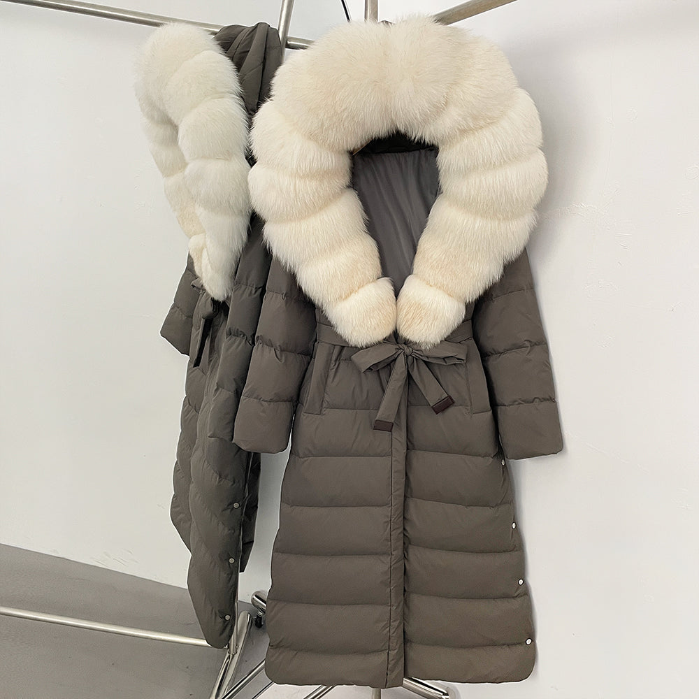 OFTBUY Hooded Winter White Duck Down Coat Large Real Fox Fur Collar X-Long Puffer Jacket Women Thick Female Parkas With Belt