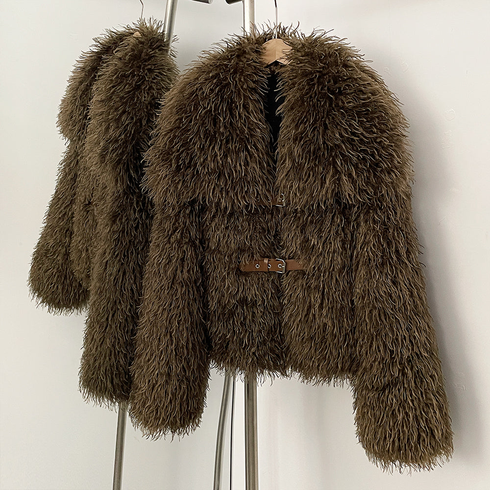 Side front view of neutral brown fluffy curly vegan fur coat