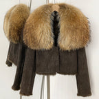 OFTBUY Luxury Suede Jacket with Real Rabbit Fur Lining & Oversized Fox/Raccoon Fur Collar