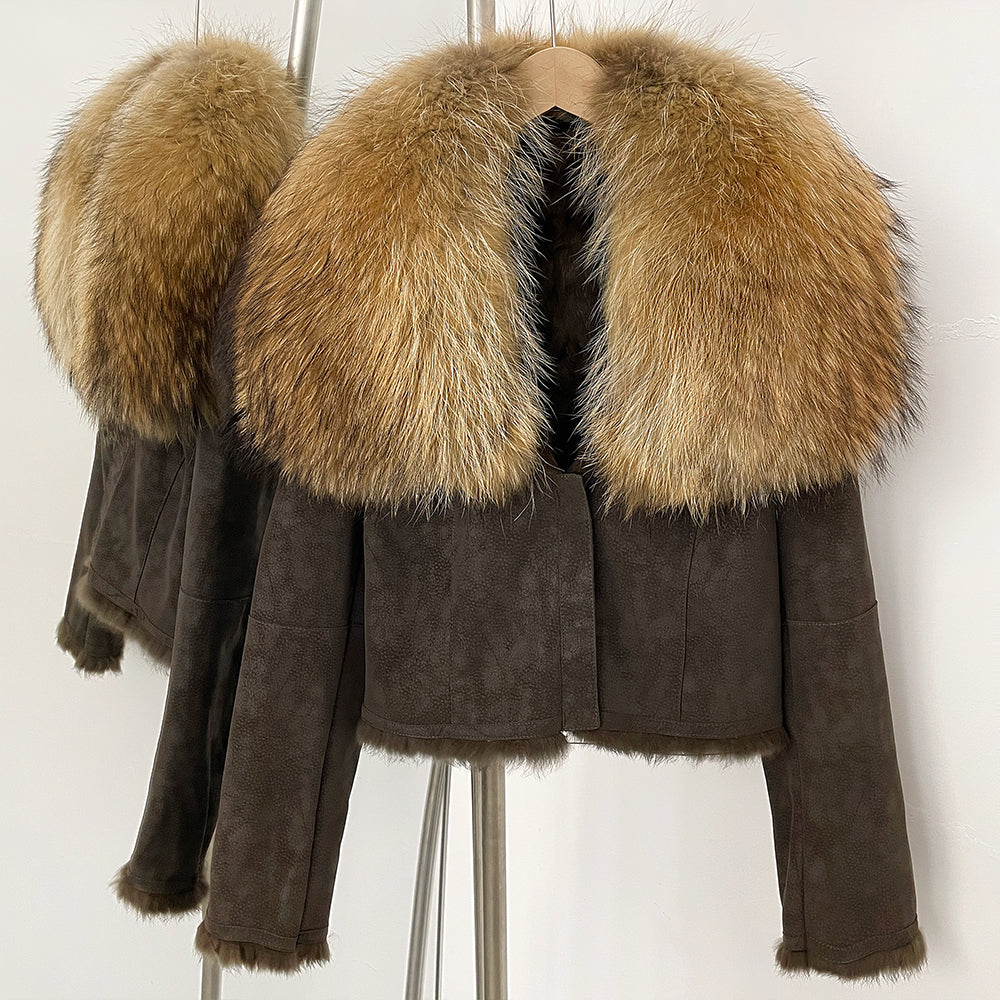 OFTBUY Luxury Suede Jacket with Real Rabbit Fur Lining & Oversized Fox/Raccoon Fur Collar