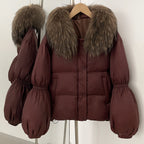 OFTBUY New Winter Loose Top Clothes Women Real Fox Fur Fluffy Puffer Jacket Female Lantern Sleeves Natural Fur Collar Down Coat