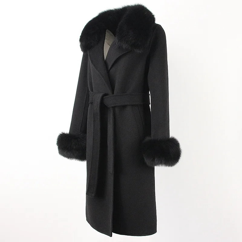 OFTBUY Winter Jacket Women Long Natural Wool Blends Cashmere Real Fur Coat Double Breasted Belt Warm Streetwear New Fashion