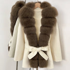 OFTBUY New Autumn Winter Clothes Women Big Natural Fox Fur Pinnacle 100% Wool Coat Female Belt Real Fur Collar Woolen Jacket