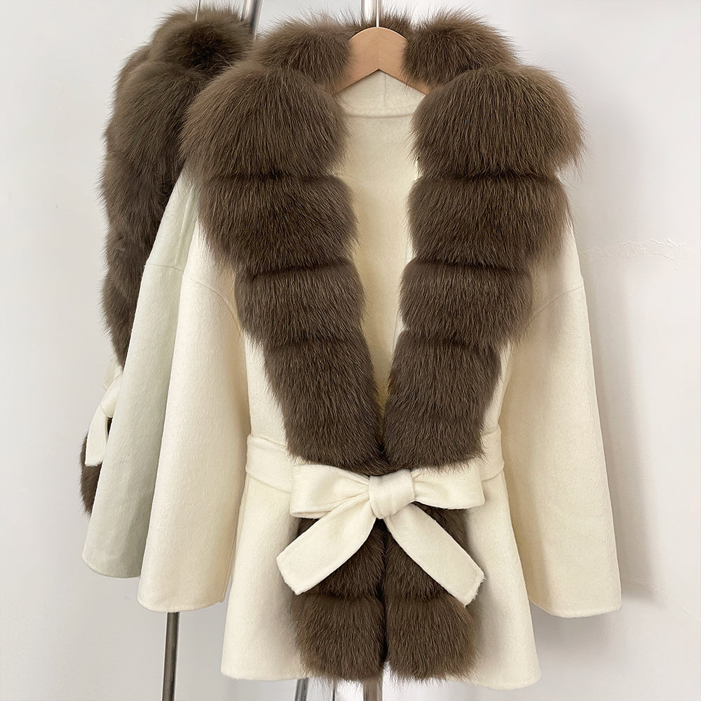 OFTBUY New Autumn Winter Clothes Women Big Natural Fox Fur Pinnacle 100% Wool Coat Female Belt Real Fur Collar Woolen Jacket