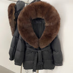OFTBUY Thick Warm Mid-Long Puffer Coat Real Fox Fur Collar White Duck Down Coat Female Loose Warm Hooded Parkas With Belt