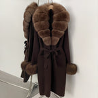 OFTBUY New Cardigan Autumn Winter Long Knit Clothing Women Loose Warm Belt Sweater Jacket with Real Fox Fur Collar and Cuffs