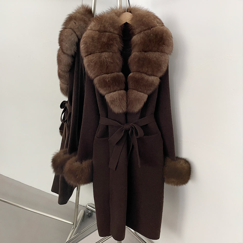 OFTBUY New Cardigan Autumn Winter Long Knit Clothing Women Loose Warm Belt Sweater Jacket with Real Fox Fur Collar and Cuffs