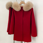 OFTBUY New Women's Wool Coat with Large Real Fox Fur Hooded Trim Long Sleeve Warm Winter Elegant Fashion Outerwear Woolen Cape