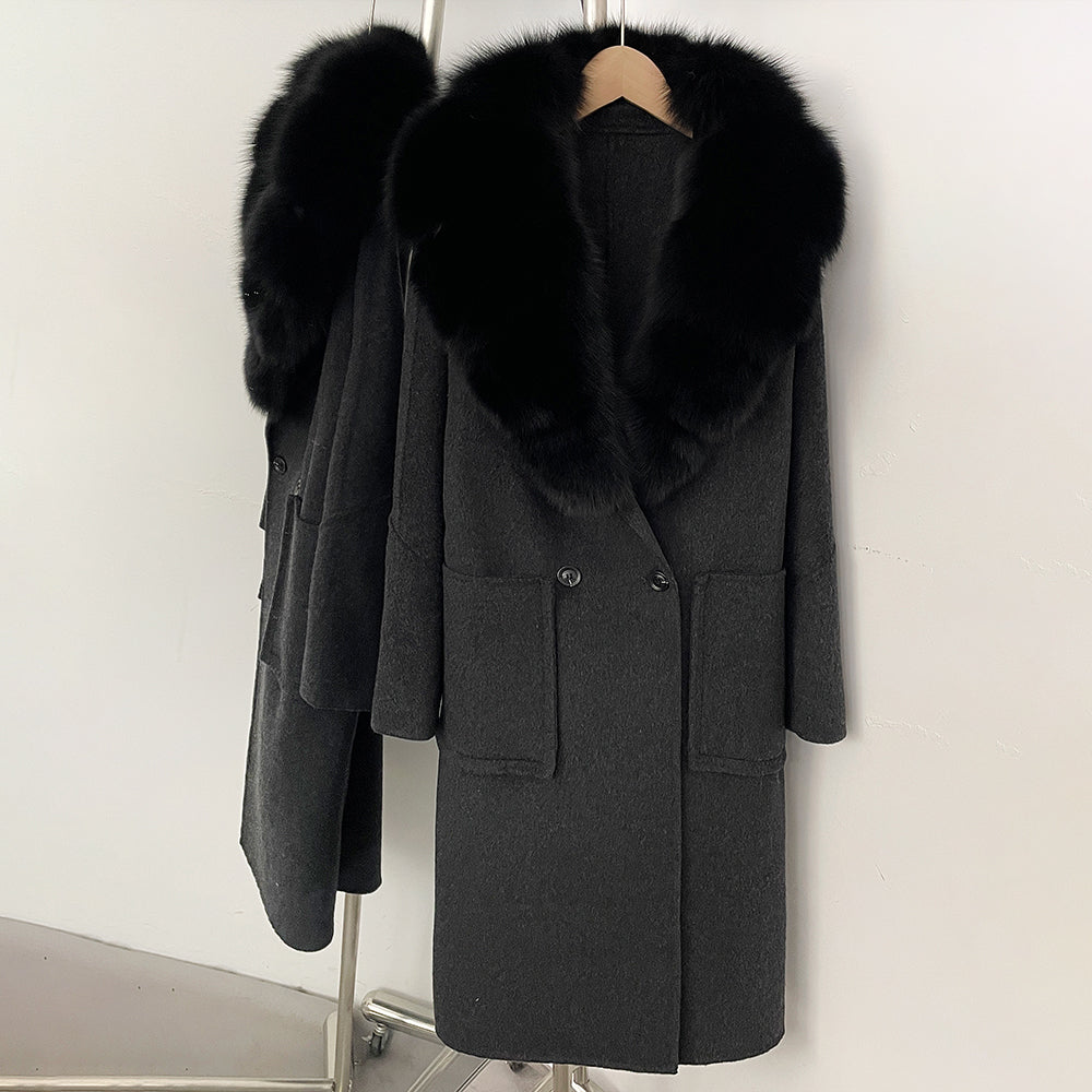 OFTBUY Double Breasted Pockets Long Luxury Warm Winter Outerwear New Women's Double-Faced Wool Coat with Real Fox Fur Collar