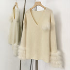 OFTBUY New Women's Knit Sweater with Real Fox Fur Accents V-Neck Loose Fit Warm Winter Fashion Warm Pullover Outerwear Jacket