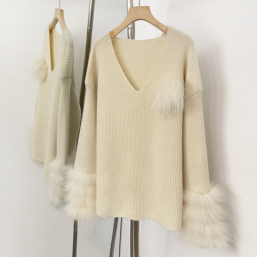 OFTBUY New Women's Knit Sweater with Real Fox Fur Accents V-Neck Loose Fit Warm Winter Fashion Warm Pullover Outerwear Jacket