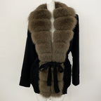 OFTBUY Trim Belted Waist Warm Winter Luxury Fashion Outerwear Sweater Female New Women's Knit Cardigan with Large Real Fox Fur