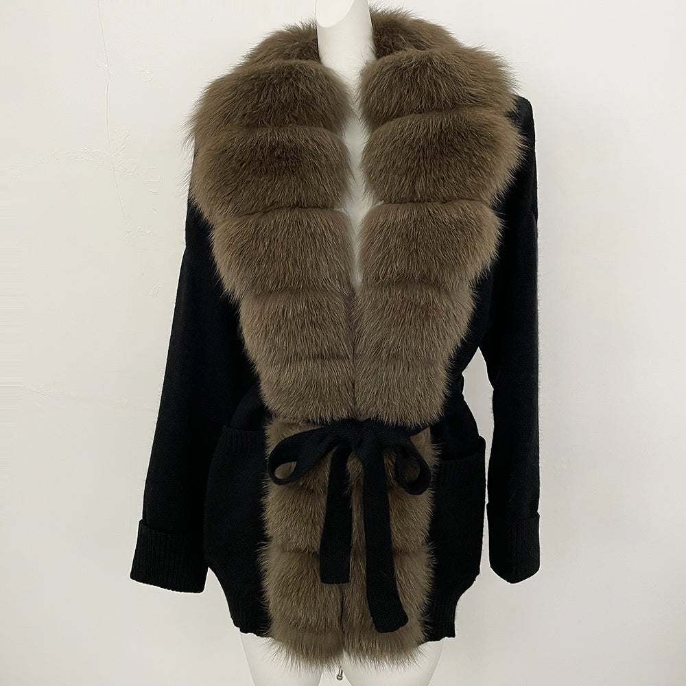 OFTBUY Trim Belted Waist Warm Winter Luxury Fashion Outerwear Sweater Female New Women's Knit Cardigan with Large Real Fox Fur