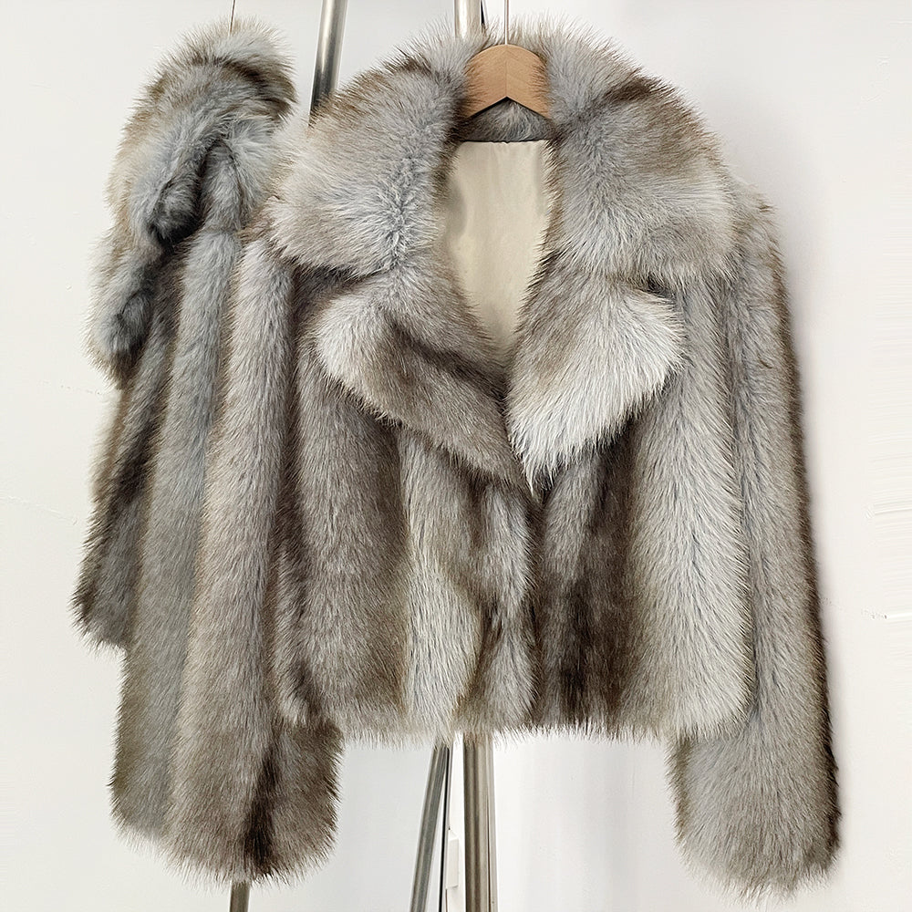 OFTBUY Luxury Oversized Lapel Faux Fur Jacket - Premium Vegan Fur Short Coat for Winter Glamour