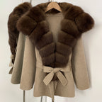 OFTBUY Belt Real Fox Fur Wool Coat Female New Autumn Winter Warm Clothes Women Natural Fox Fur Collar Cashmere Woolen Jacket