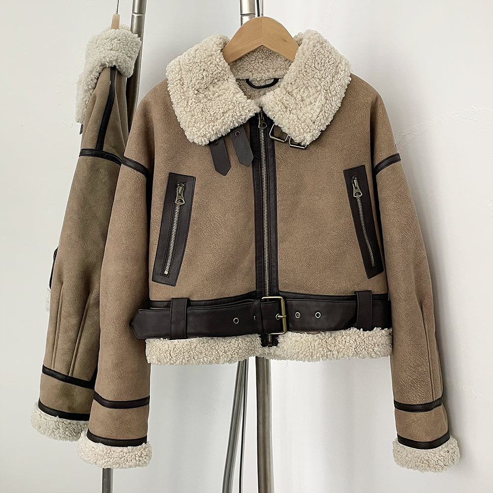 OFTBUY New Winter Clothing Woman's Fashion Thick Warm Faux Fur Shearling Jacket Coat Vintage Long Sleeve Belt Hem Jacket Female