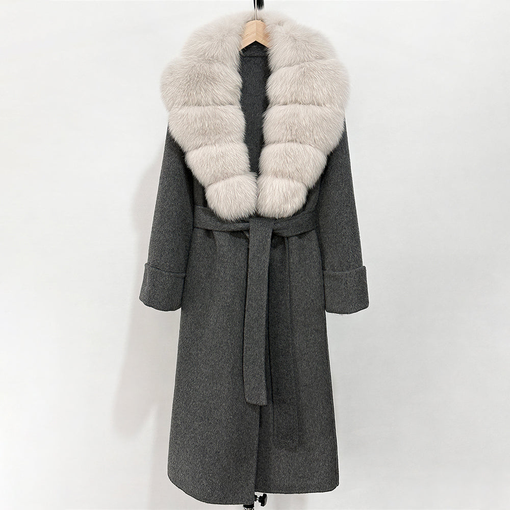 OFTBUY Long Belt 100% Wool Coat with Real Fox Fur Collar Warm Natural Fur Woolen Jacket Female New Autumn Winter Clothing Women