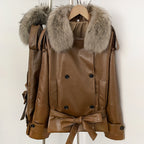 OFTBUY Women's Real Fox Raccoon Fur Collar Faux Leather Trench Coat Double Breasted PU Jacket with Belt Luxury Winter Outerwear