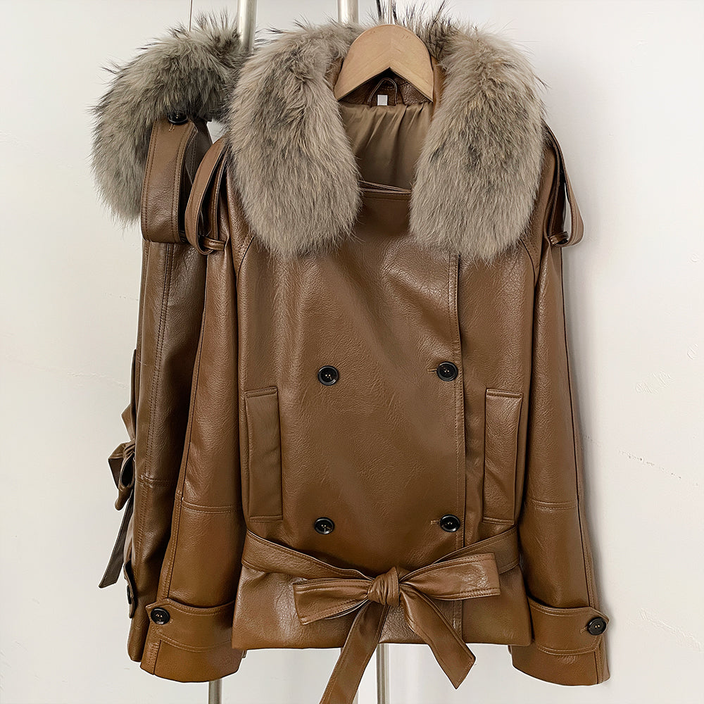 OFTBUY Women's Real Fox Raccoon Fur Collar Faux Leather Trench Coat Double Breasted PU Jacket with Belt Luxury Winter Outerwear