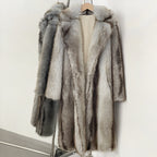 OFTBUY Luxury Long-Length Belted Faux Fur Coat - Premium Vegan Silver Fox Style Overcoat with Oversized Lapel