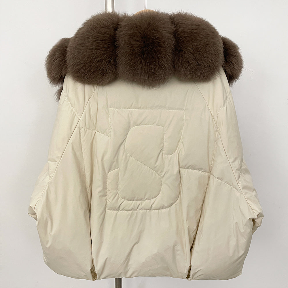 Detailed back view of luxury down jacket showing the embossed S logo design