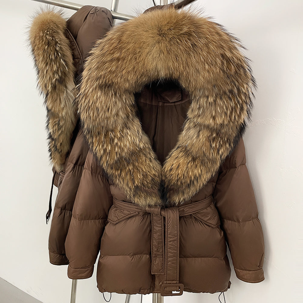 OFTBUY Thick Warm Mid-Long Puffer Coat Real Fox Fur Collar White Duck Down Coat Female Loose Warm Hooded Parkas With Belt
