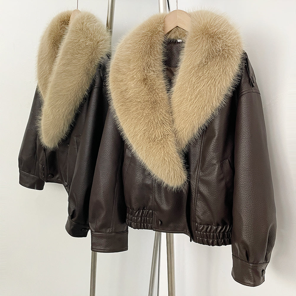 OFTBUY Stylish Fur Patchwork Leather Jacket Women Detachable Collar Breasted Waist Closed Coat Female Spring Winter Lady Outwear
