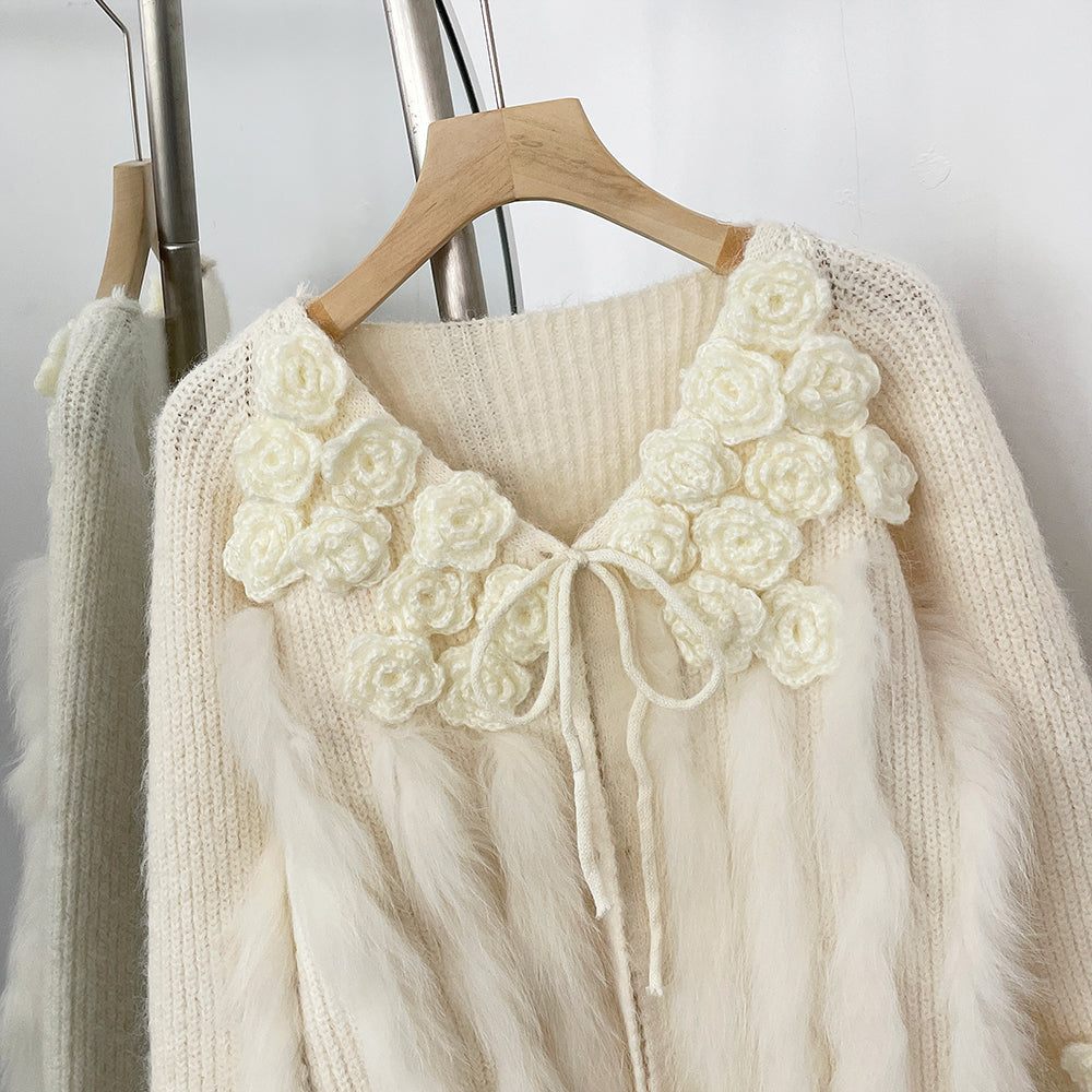 OFTBUY New Spring Winter Real Fox Fur Cardigan Clothing Women 3D Flowers Kint Sweater Coat Female Loose V-neck Knitwear Jacket