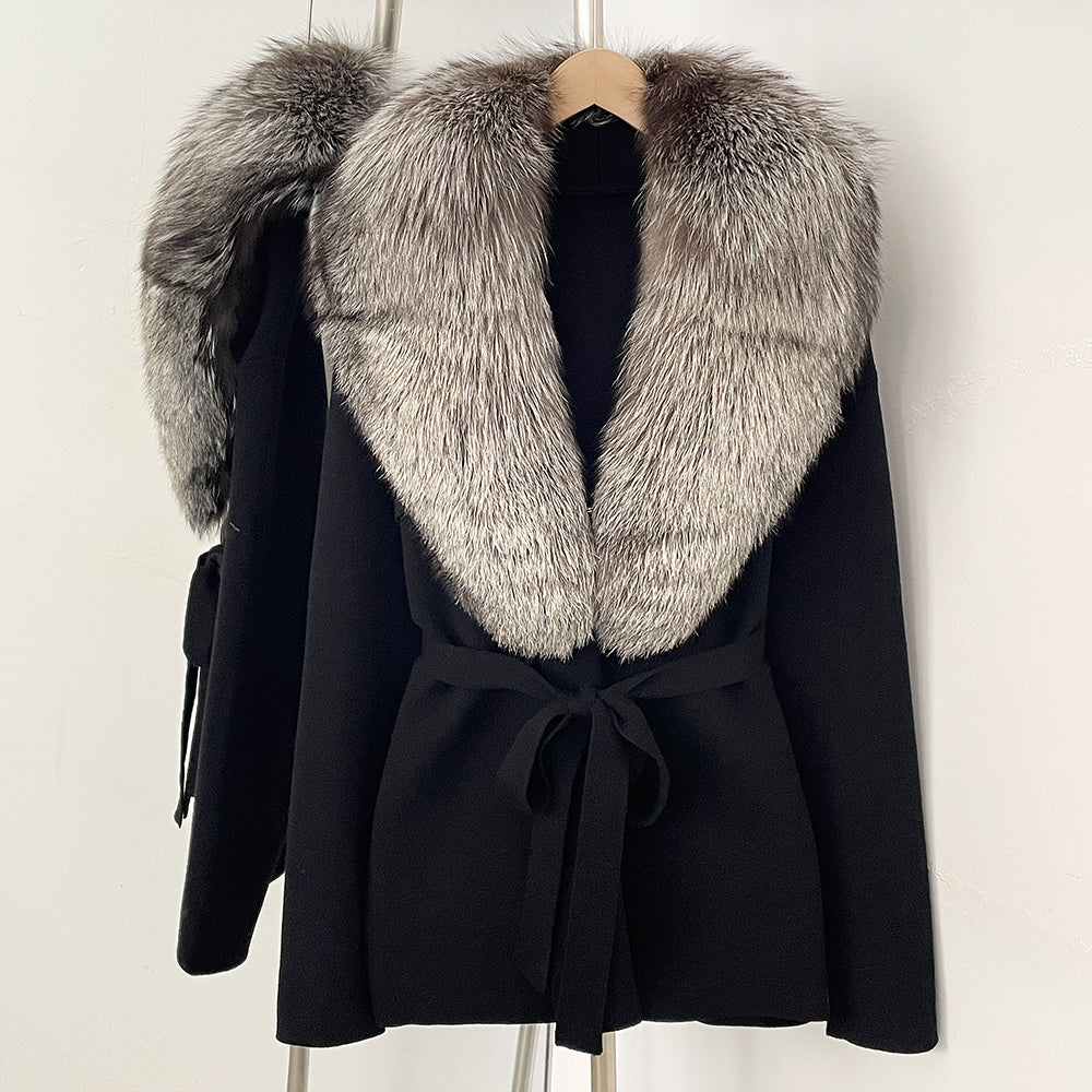 OFTBUY New Autumn Winter Luxury Fashion Outerwear Lady Women's Knit Coat with Large Real Fox Fur Collar Belt Textured Knit Warm
