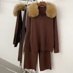 OFTBUY Knitted Pant Set Female Fashion Warm Real Fox Fur Sweater Lady New Autumn Winter Plus Size Woman Clothes Outfits Knitwear